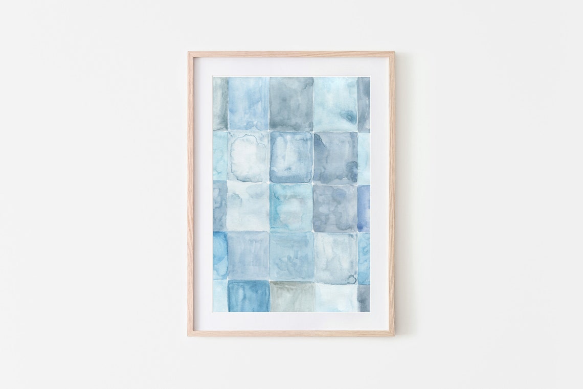 Pastel Blue Watercolor Grid Squares Geometric Abstract Print