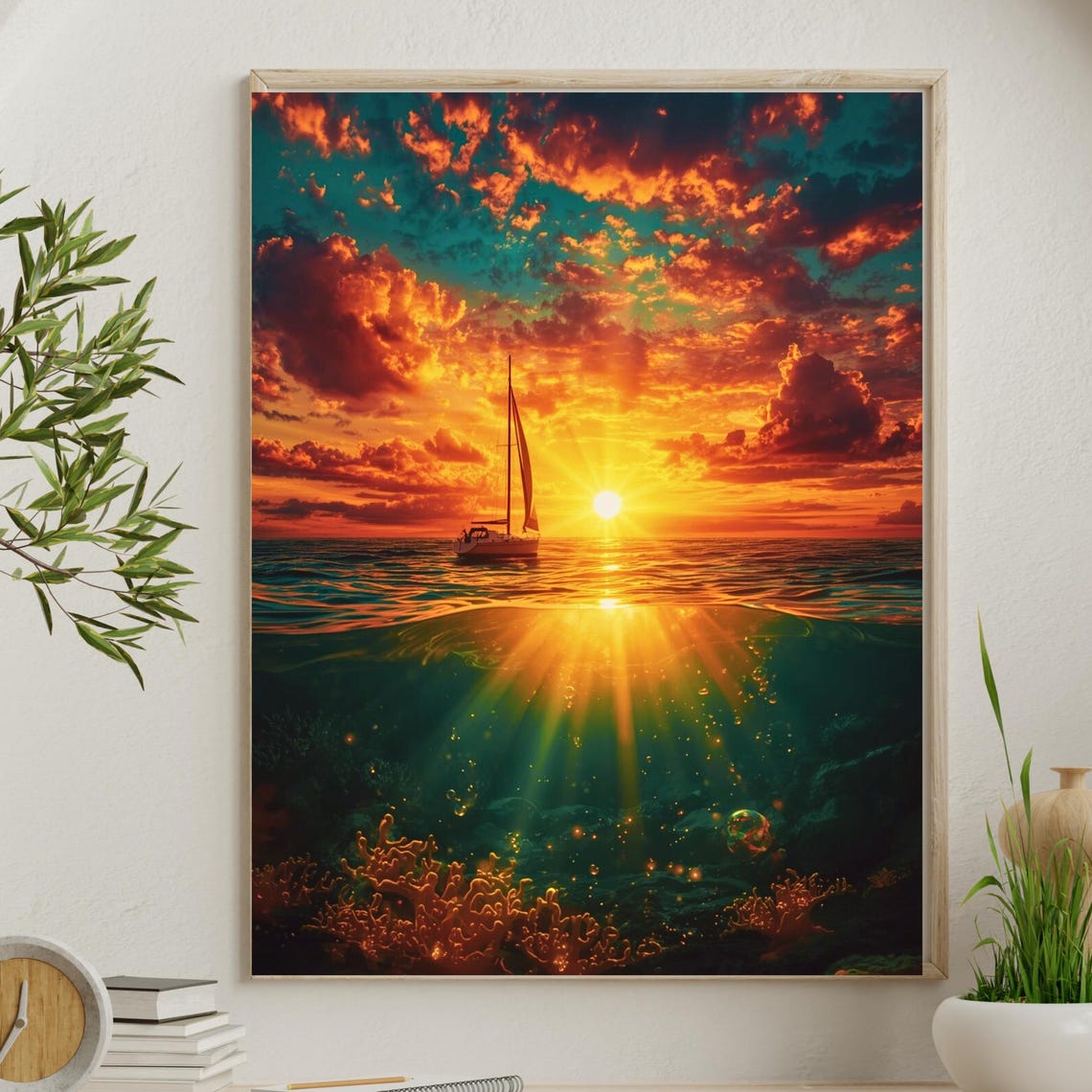 Sailboat Sunset Split View Ocean Underwater Sun Rays Art Poster