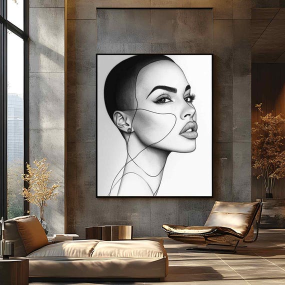Minimalist Woman Line Art Abstract Bw Portrait For Modern Wall Decor Tech Style Poster Tattoo Studio