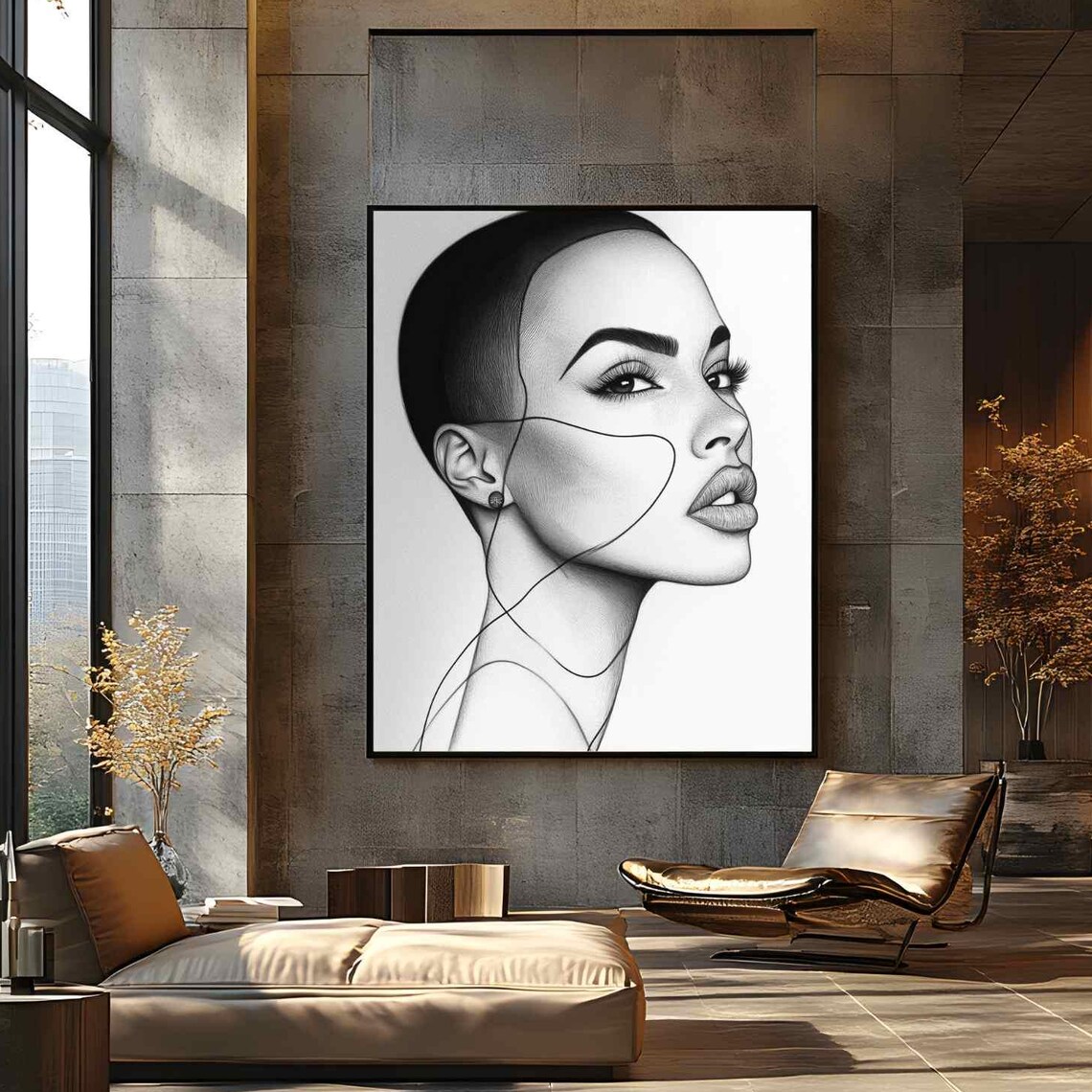 Black and White Minimalist Woman Line Art Elegant Modern Portrait Poster