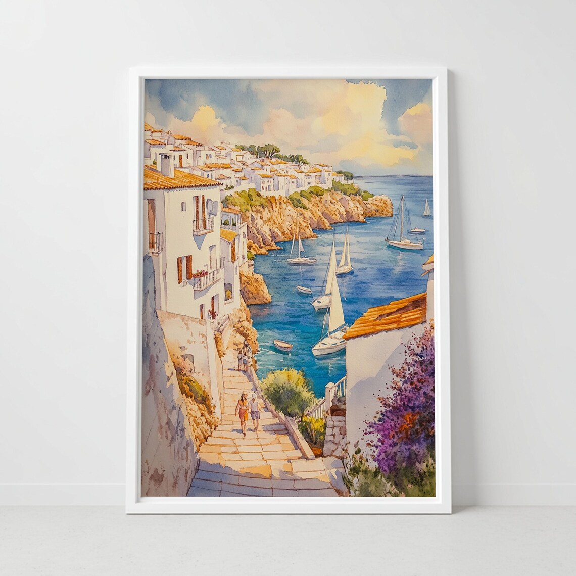 Mediterranean Cliffside Village Sailboats Watercolor Travel Poster