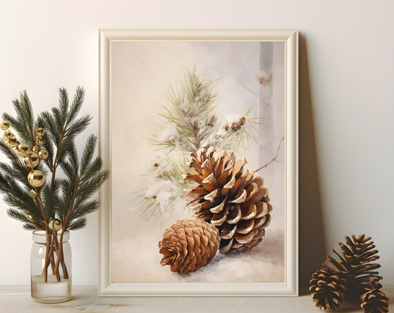 Snowy Pinecones Winter Botanical Watercolor Painting Style Poster