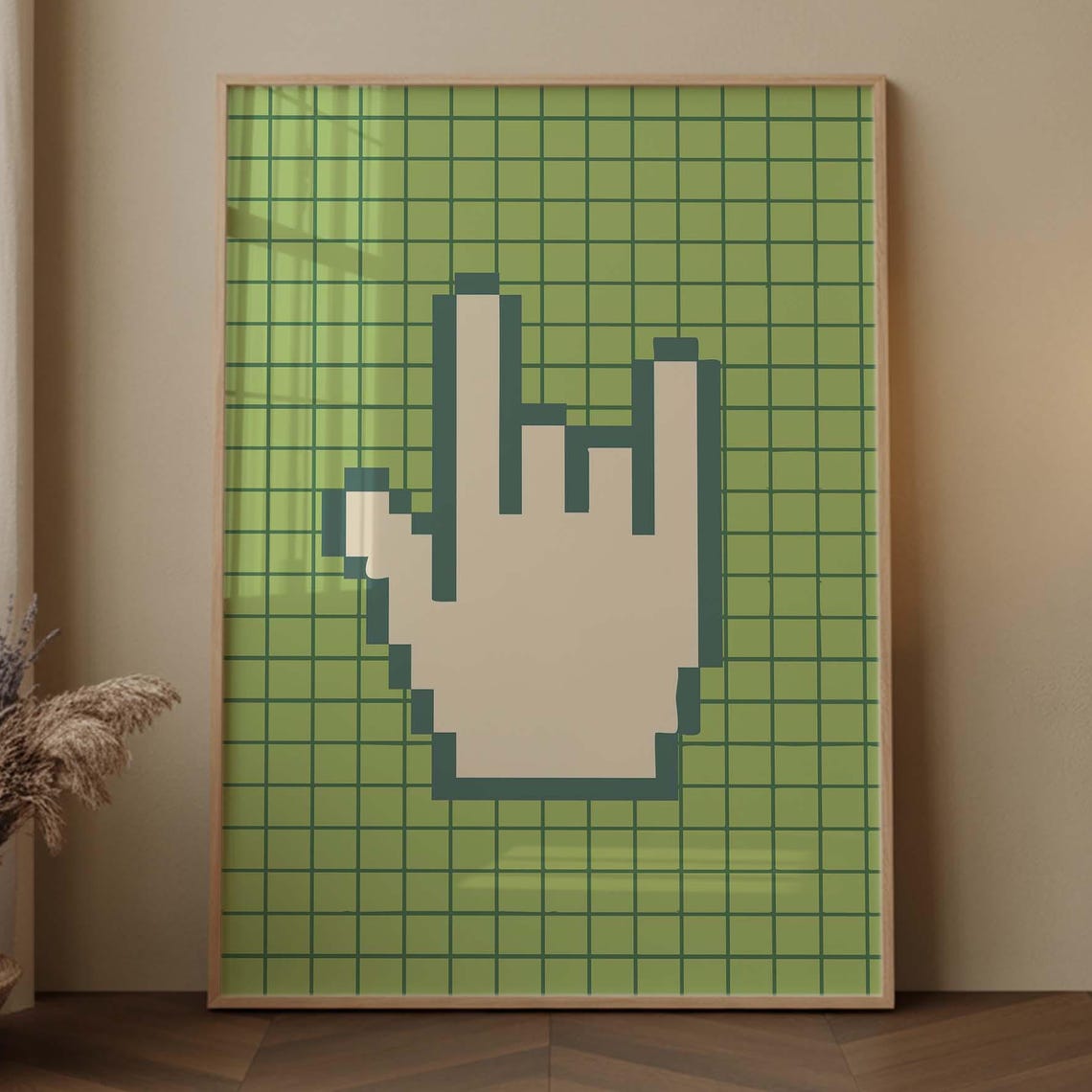 Pixel Rock On Hand Poster Sage Green Retro Y2K Grid Style Art