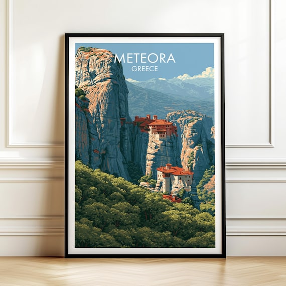 Meteora Greece Vintage Europe Travel Poster