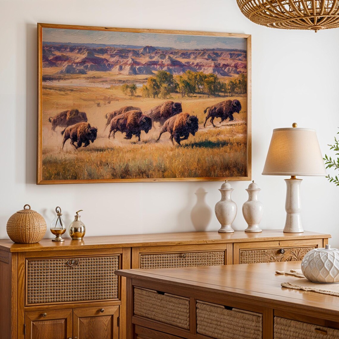 Theodore Roosevelt National Park Bison Herd Prairie Oil Painting Poster