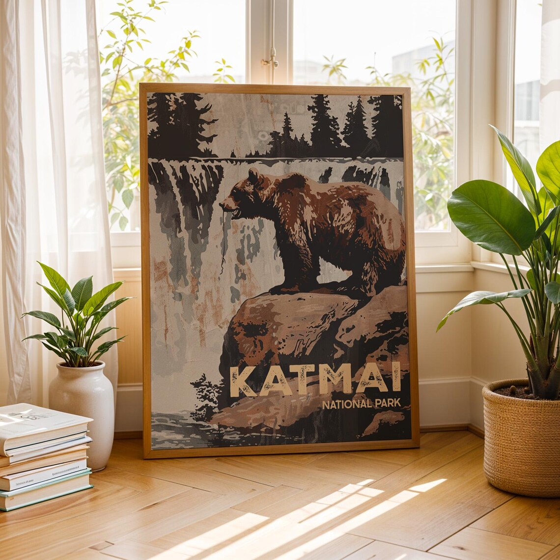 Katmai National Park Brown Bear Waterfall Vintage Wilderness Travel Poster