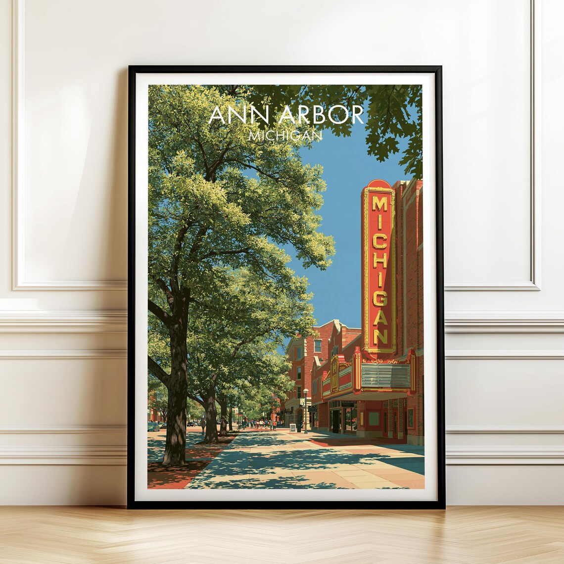Ann Arbor Michigan Vintage Cityscape Travel Poster