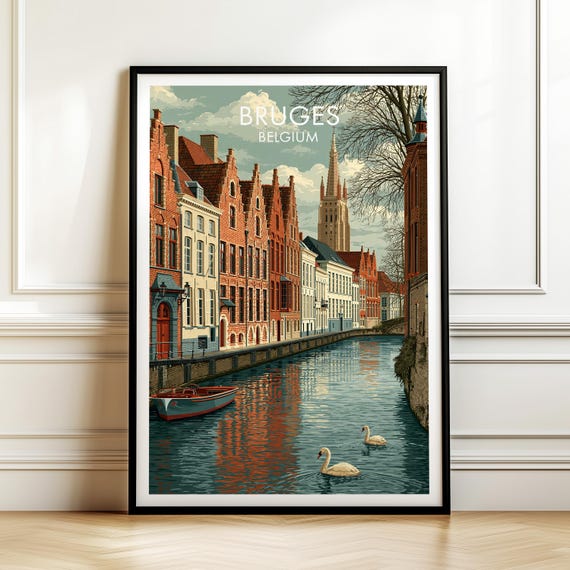 Bruges Belgium Poster Vintage Europe Travel Wall Art Cityscape Print European Vacation Decor Gift