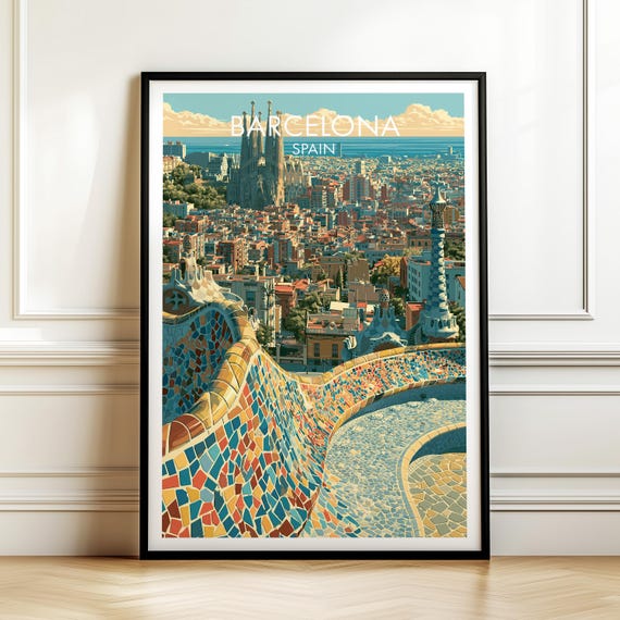 Barcelona Spain Poster Vintage Europe Travel Wall Art Cityscape Print European Vacation Decor Gift