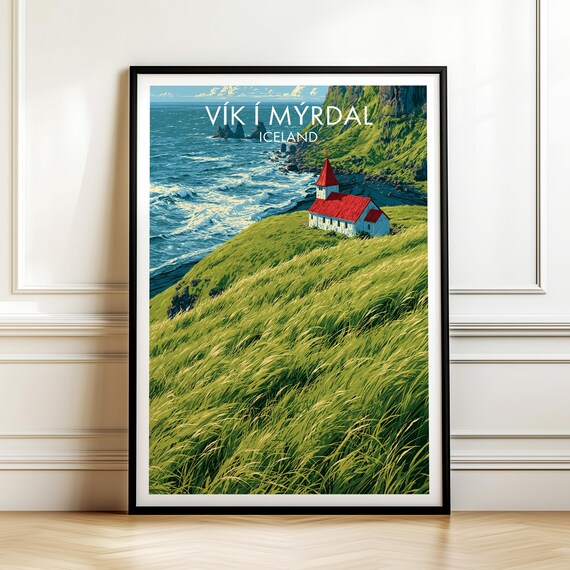 Vik I Myrdal Iceland Red Church Cliffside Coastal Travel Poster