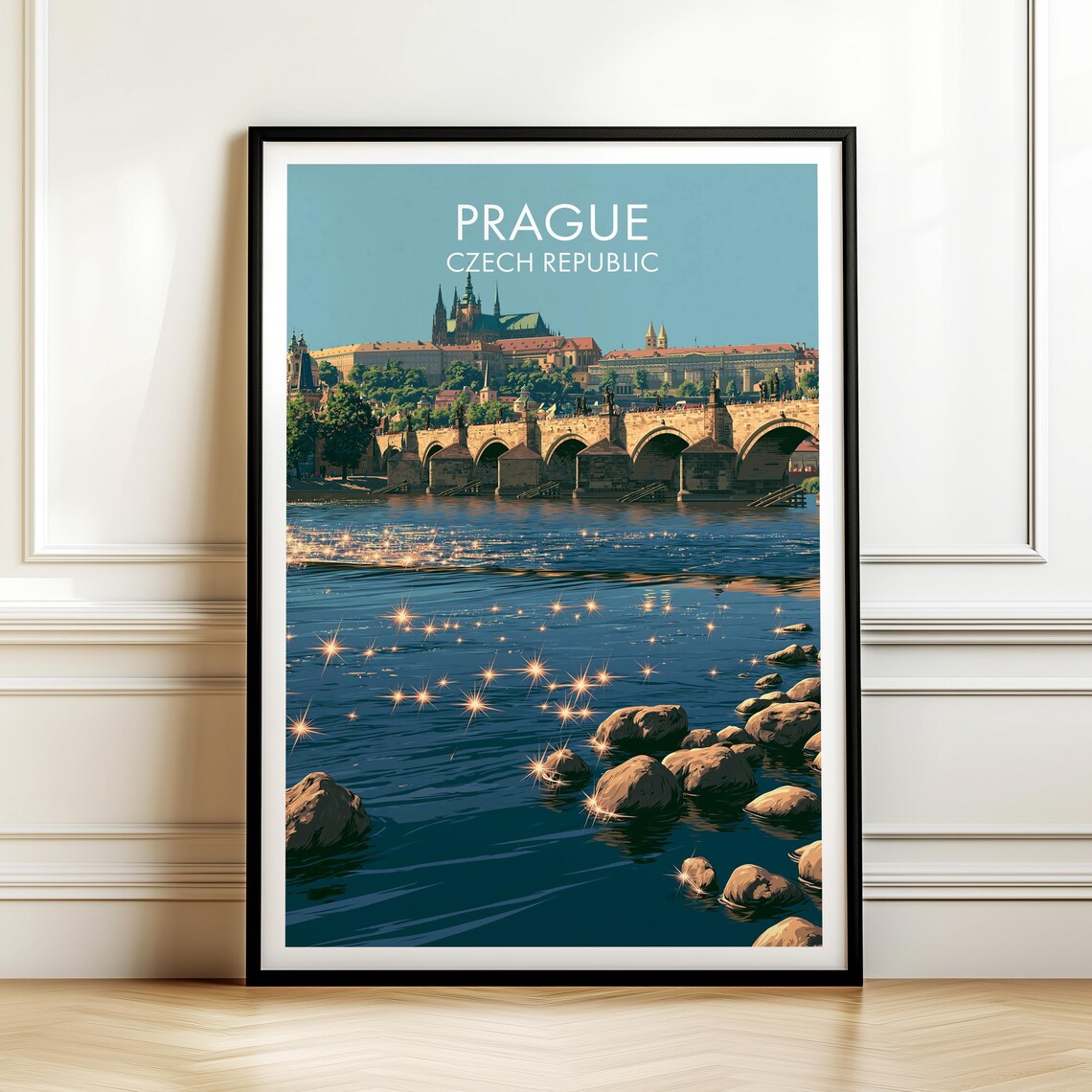 Prague Czech Republic Charles Bridge Castle River Vintage Travel Poster