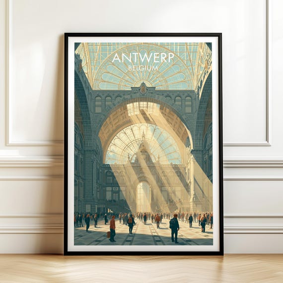 Antwerp Central Station Belgium Travel Poster Vintage Europe Cityscape Wall Art Print