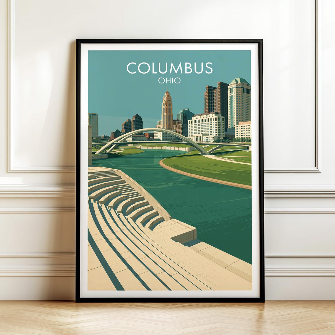 Columbus Ohio Vintage Travel Skyline Bridge River City Poster