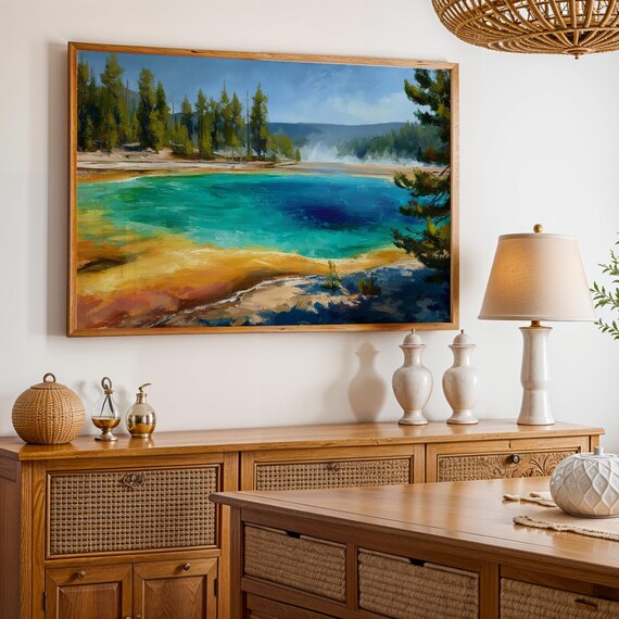 Yellowstone National Park Turquoise Hot Spring Oil Painting Poster