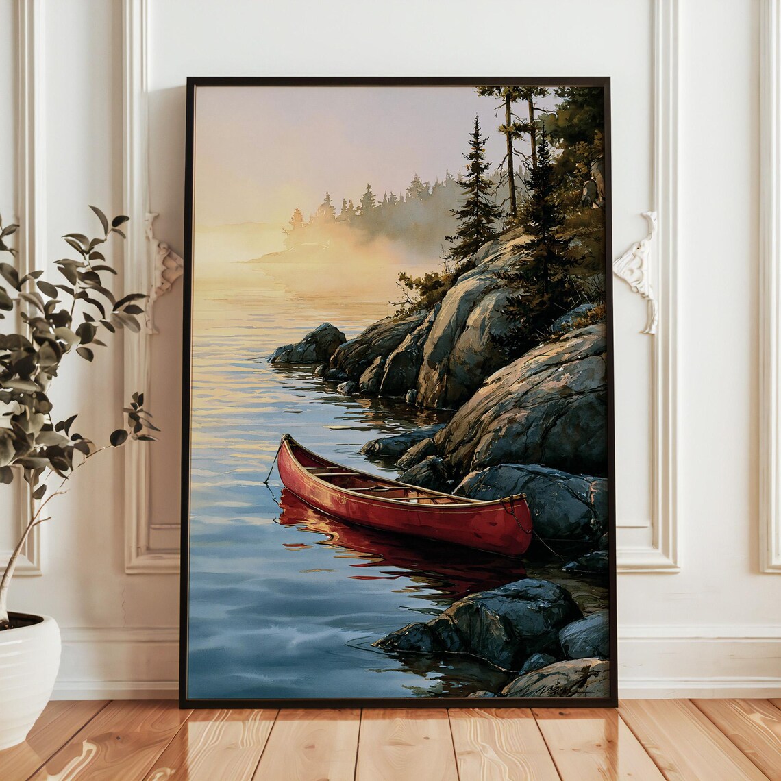 Voyageurs National Park Red Canoe On Misty Lake Sunrise Poster