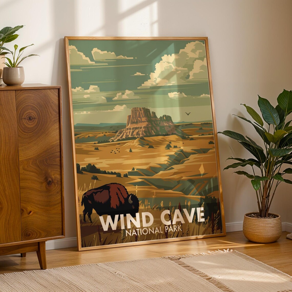 Wind Cave National Park Bison Prairie Retro Travel Style Poster