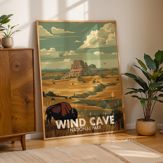 Wind Cave National Park Bison Prairie Retro Travel Style Poster