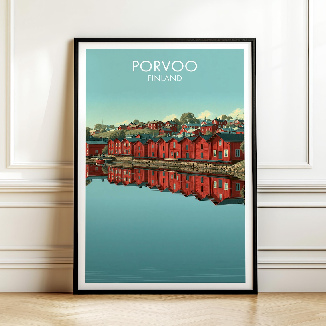 Porvoo Finland Red Riverside Warehouses Water Reflection Vintage Poster