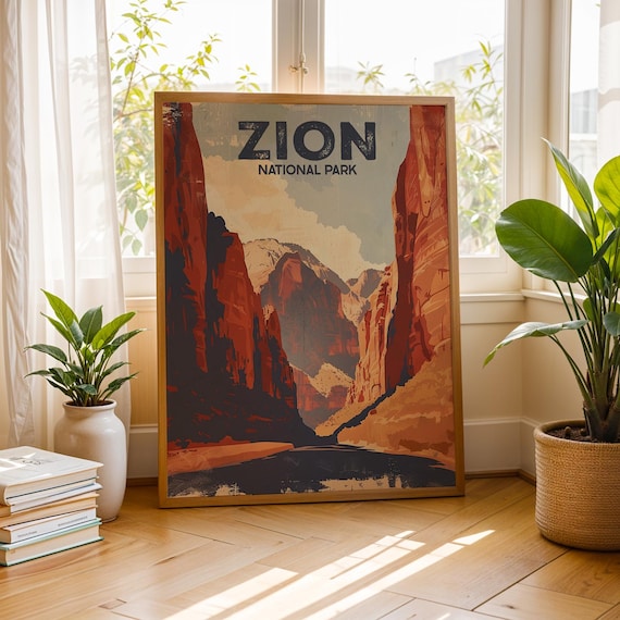 Zion National Park Red Rock Canyon Rustic Vintage Travel Poster