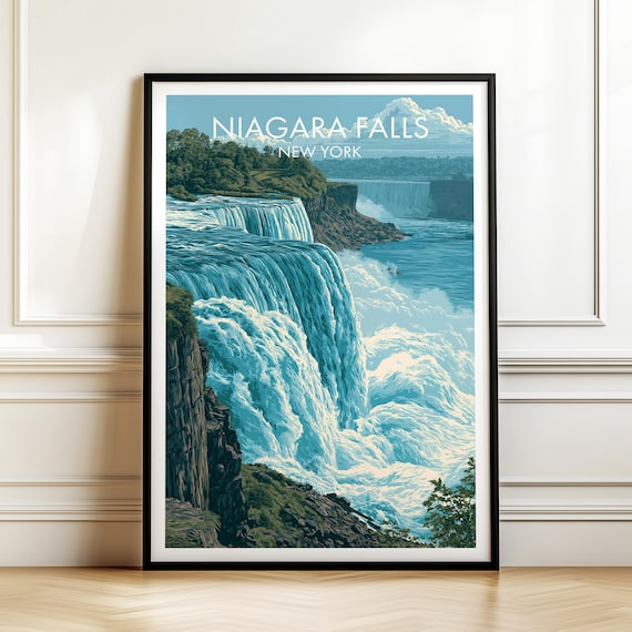 Niagara Falls New York Roaring Blue Waterfall Mist Vintage Travel Poster