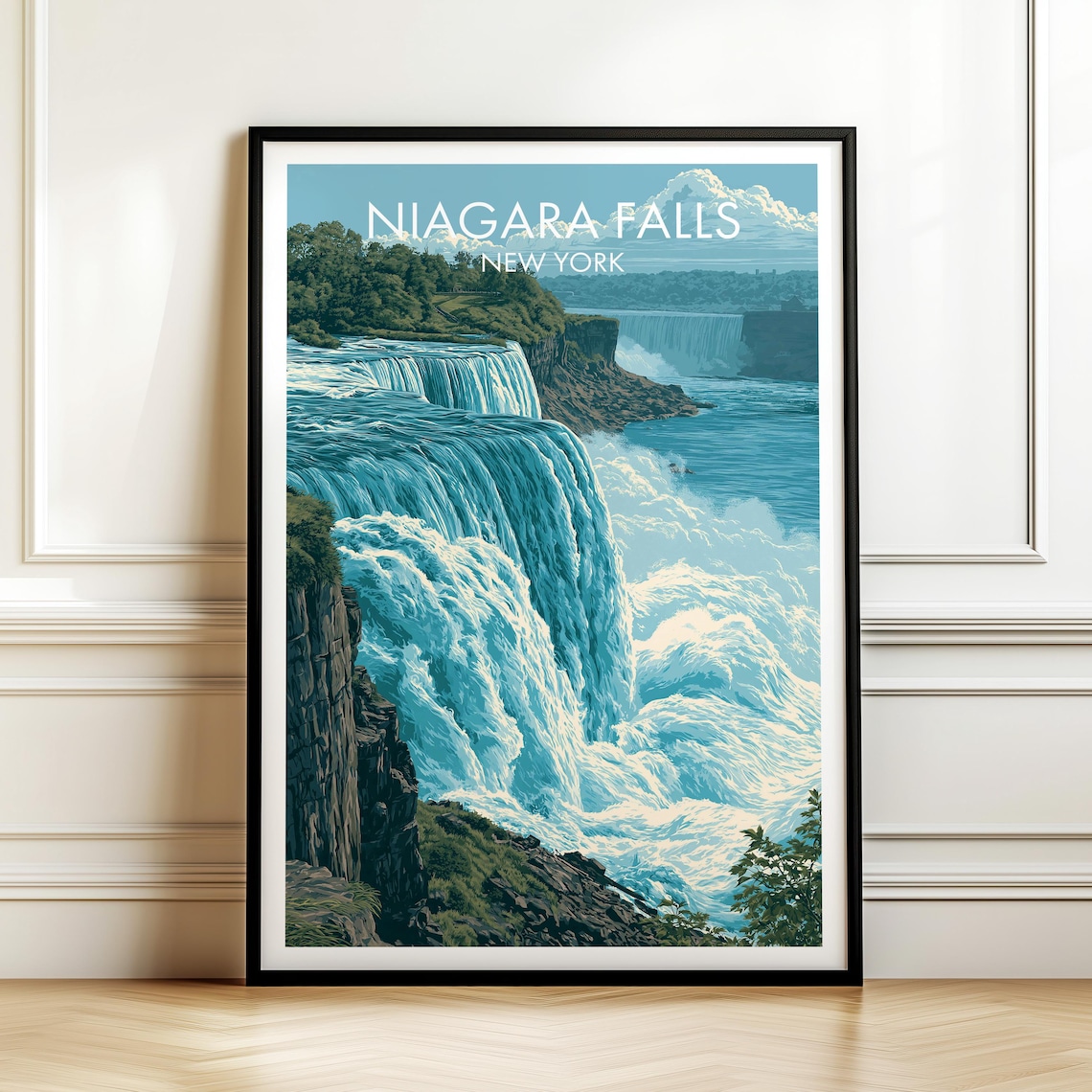 Niagara Falls New York Roaring Blue Waterfall Mist Vintage Travel Poster