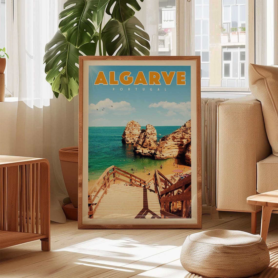 Sunny Algarve Portugal Rocky Beach Cliffs Retro Travel Poster