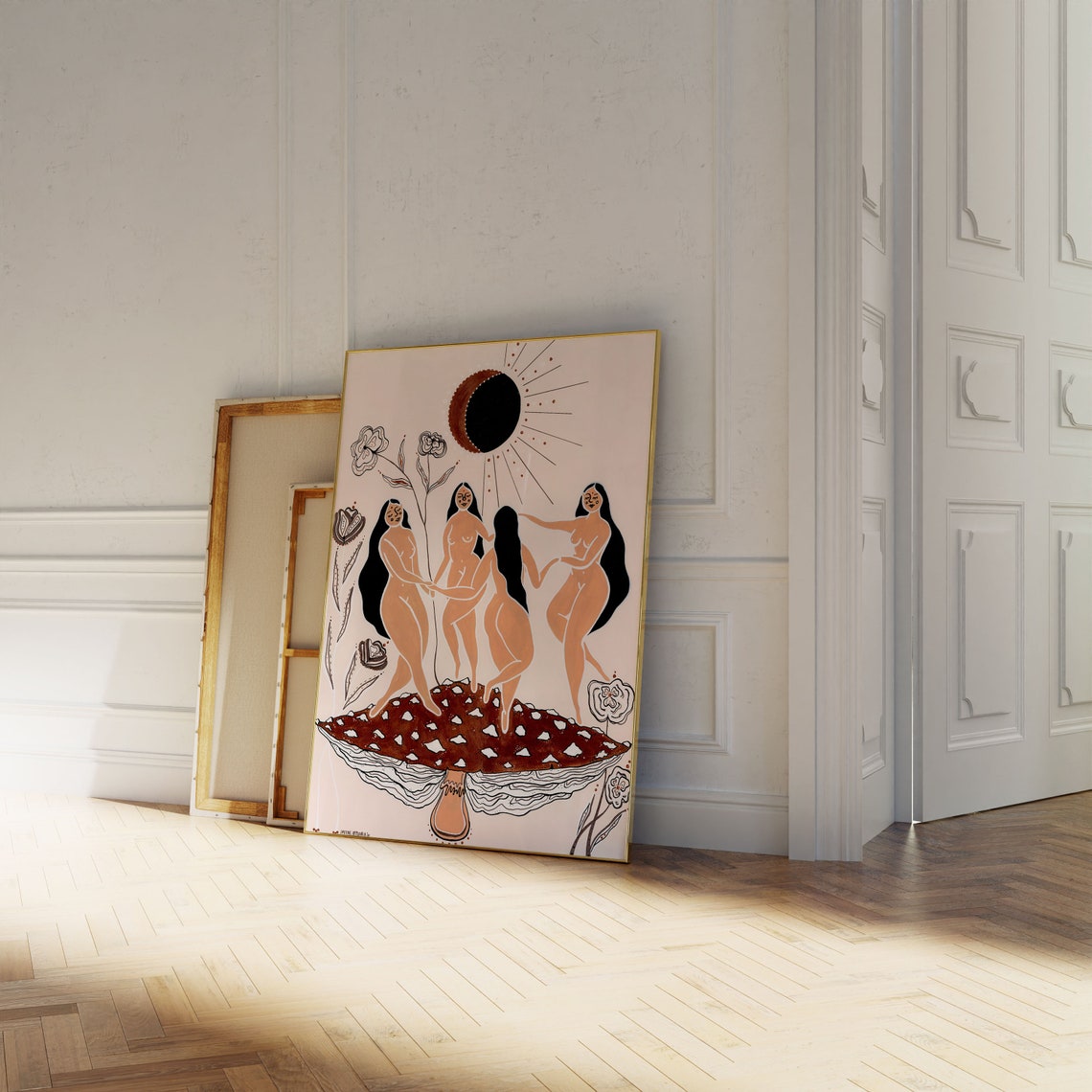 Women Dancing On Mushroom Whimsical Sisterhood Eclipse Art Poster - Image 3
