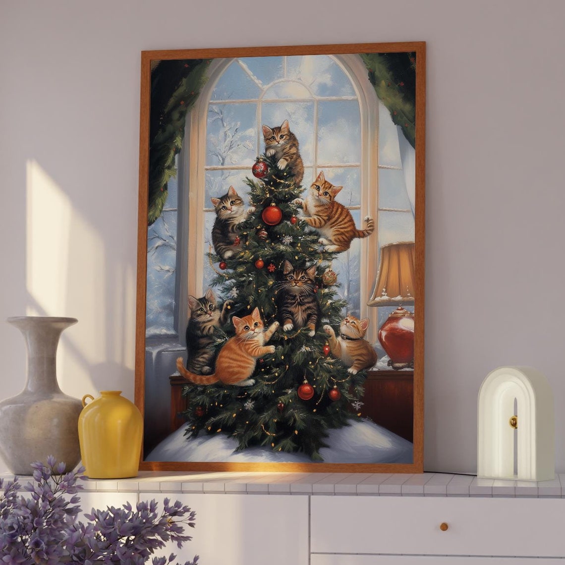 Playful Kittens Climbing a Decorated Christmas Tree Painting Art Print