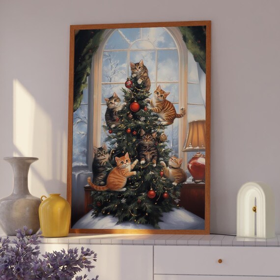 Playful Kittens Climbing a Decorated Christmas Tree Painting Art Print