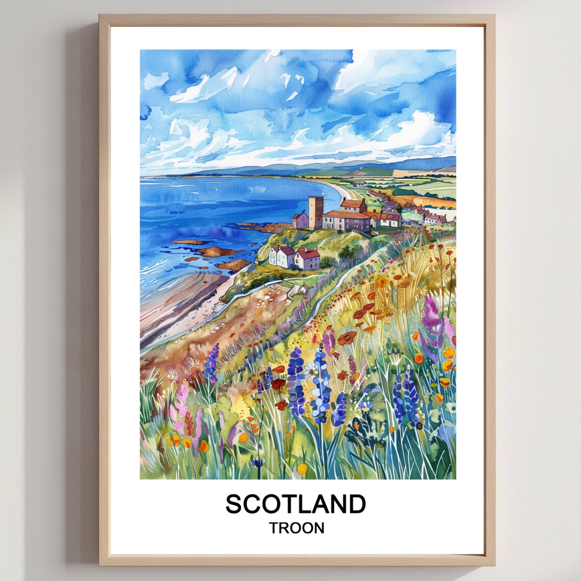 Troon Scotland Coastal Town Watercolor Wildflower Travel Poster