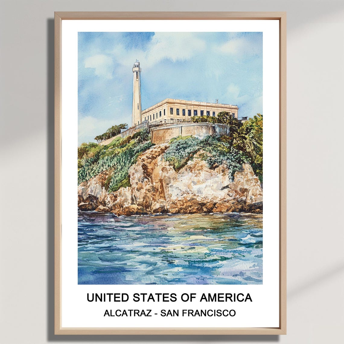 Alcatraz Island San Francisco Watercolor USA Landmark Travel Poster