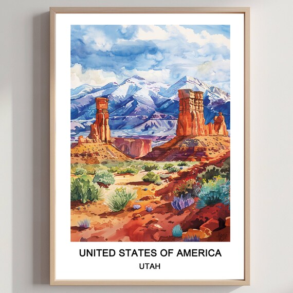 Utah Red Rock Desert Snow Capped Mountains Watercolor Nature Poster