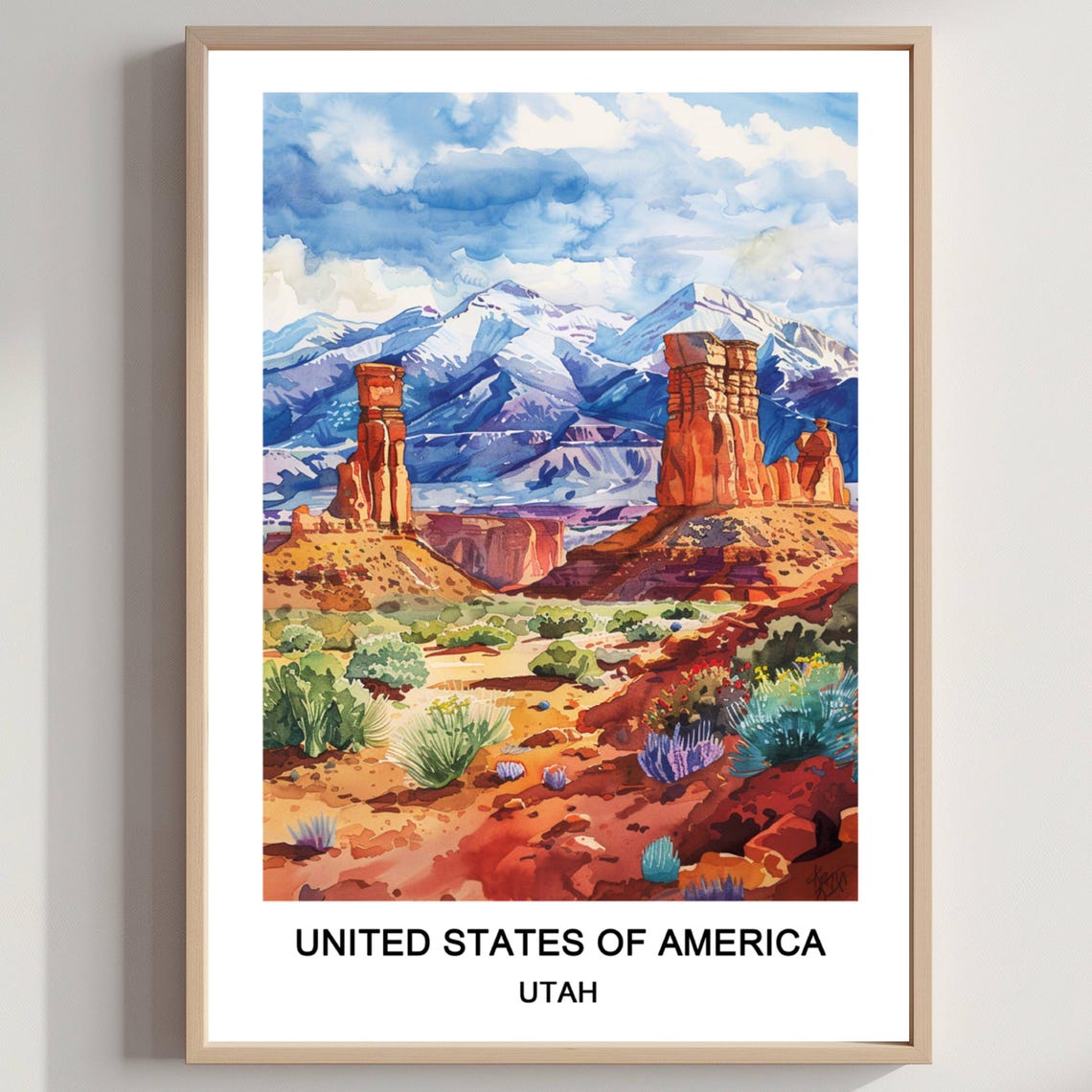 Utah Red Rock Desert Snow Capped Mountains Watercolor Nature Poster