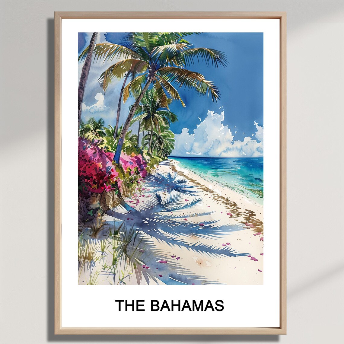 The Bahamas Tropical Beach Palm Trees Bougainvillea Watercolor Travel Poster