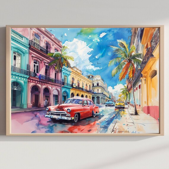 Havana Cuba Watercolor Classic Red Car Colorful Colonial Street Scene Poster
