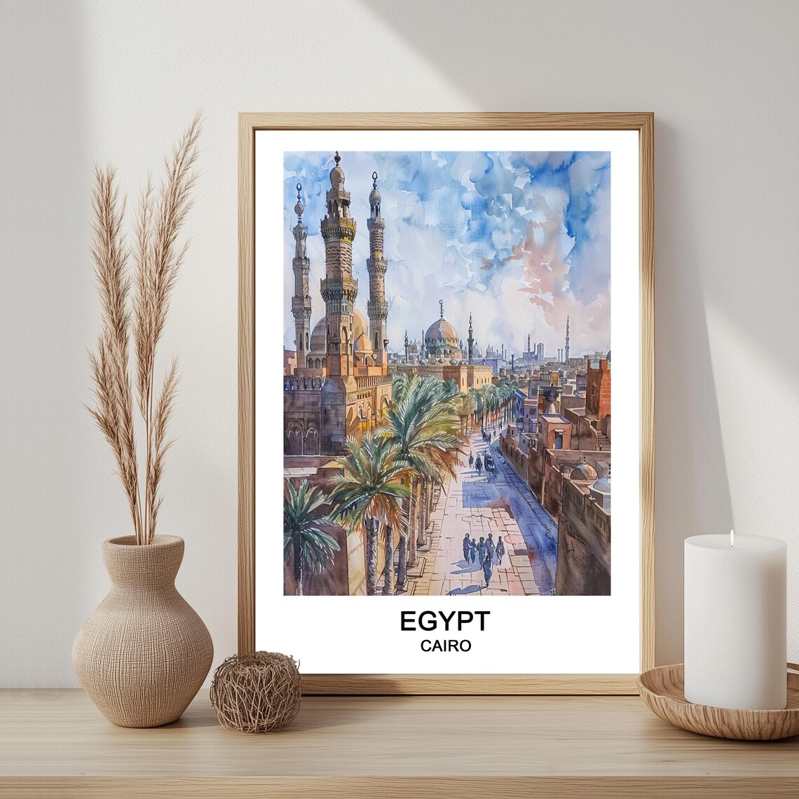 Cairo Egypt Mosque Minarets Palm Street Watercolor Islamic Travel Poster