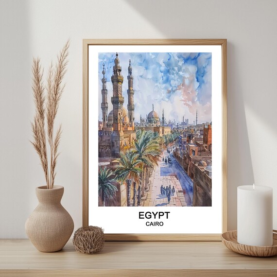 Cairo Egypt Mosque Minarets Palm Street Watercolor Islamic Travel Poster