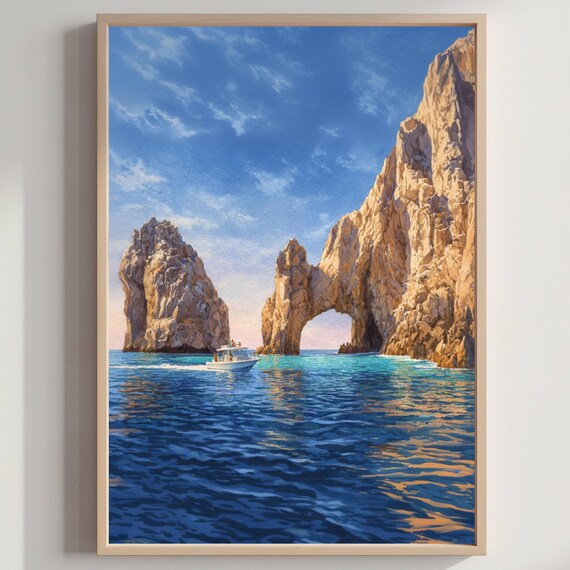 Cabo San Lucas El Arco Rock Arch Boat Ocean Watercolor Travel Poster