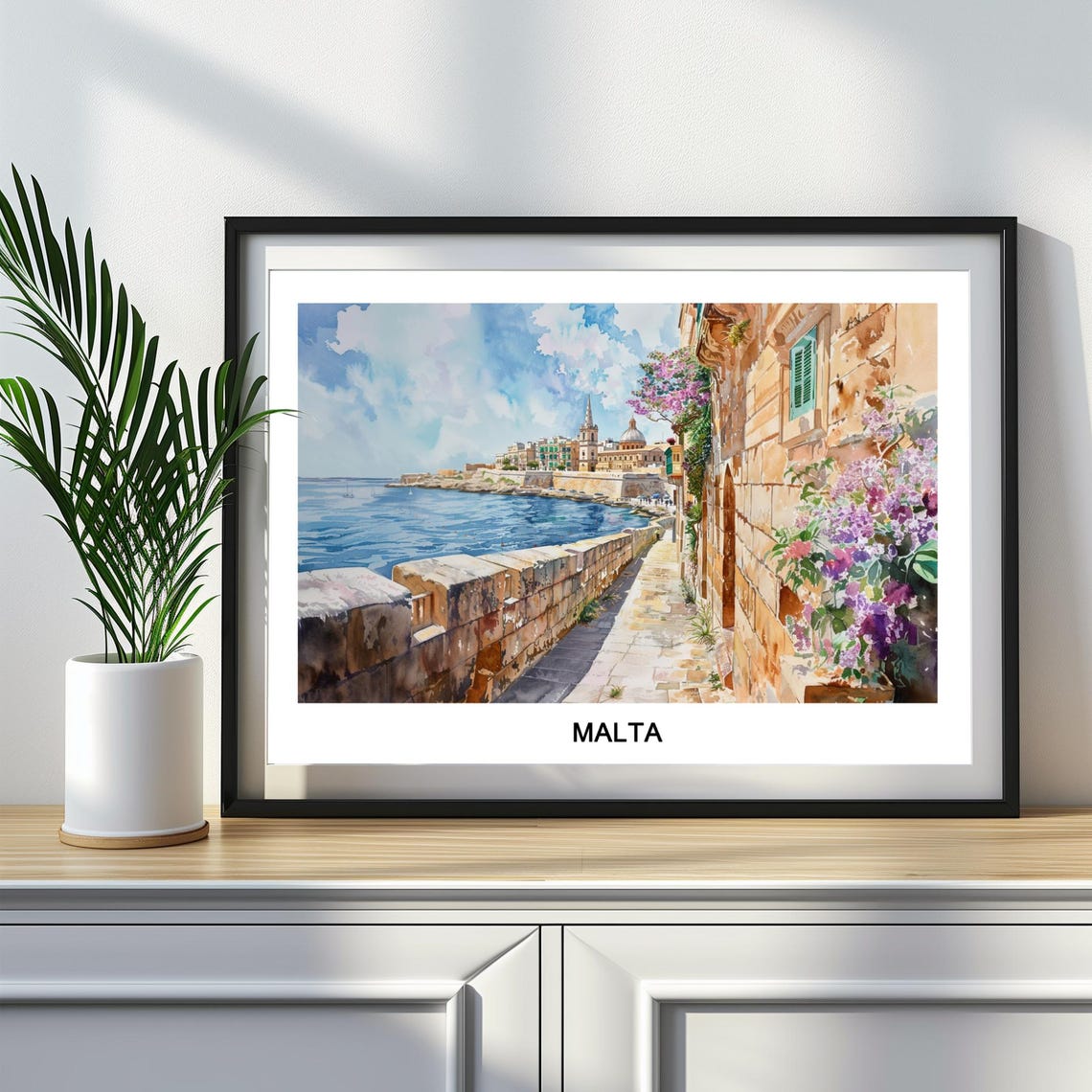 Malta Coastal Stone Walkway Valletta Harbor Watercolor Travel Poster