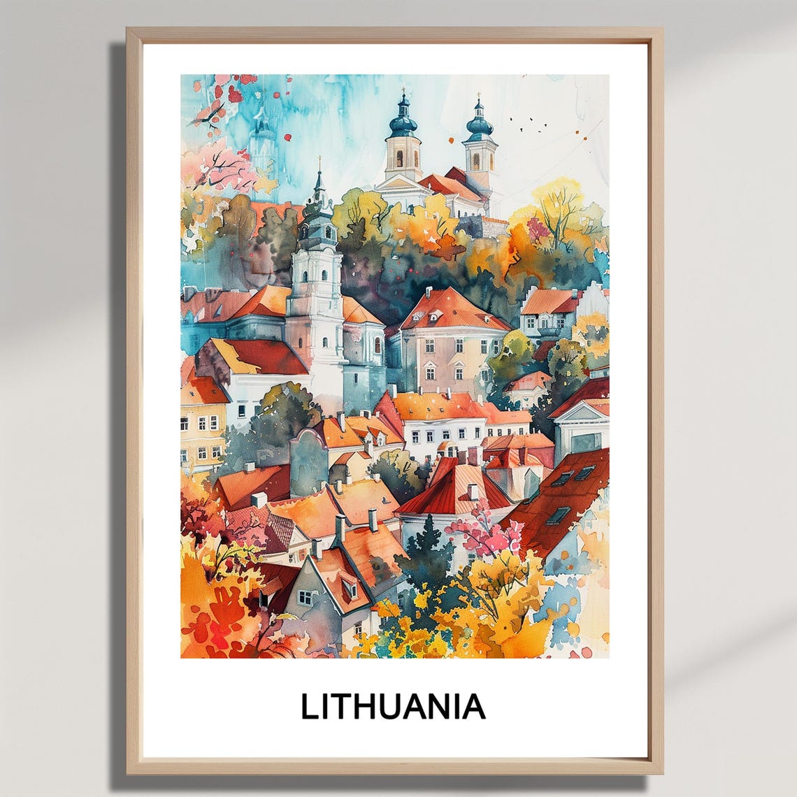 Lithuania Old Town Church Towers Autumn Watercolor Travel Poster