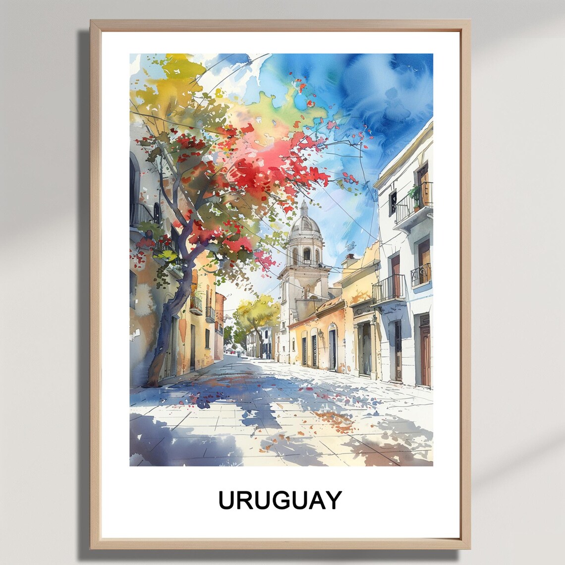 Uruguay Watercolor Street Old Town Colonial Church Travel Poster