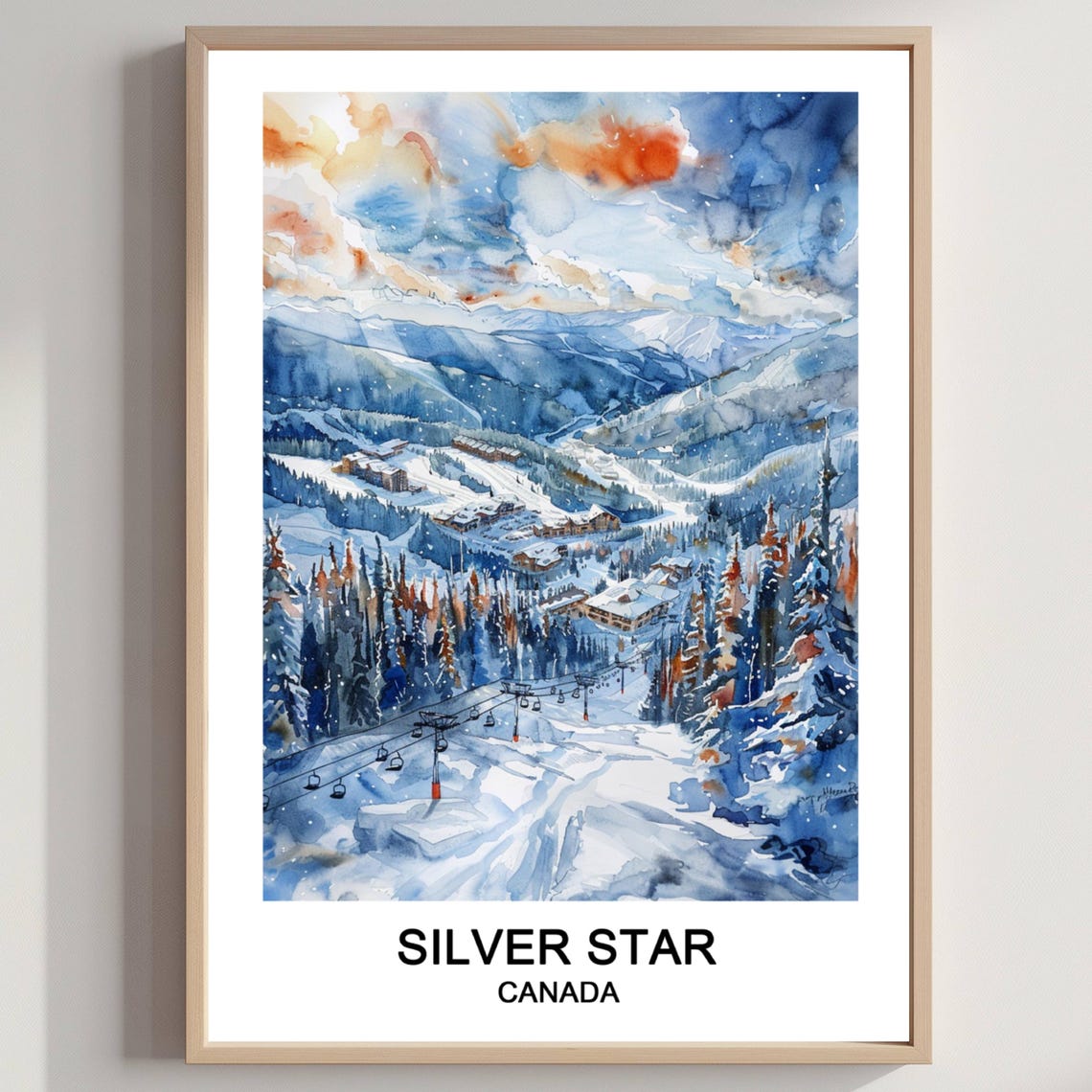 Silver Star Canada Ski Resort Poster Watercolor Winter Slope Art
