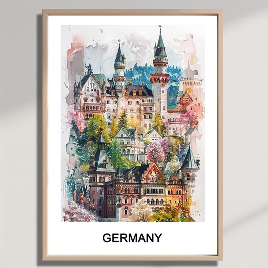 Germany Fairy Tale Royal Castle Watercolor Travel Souvenir Poster