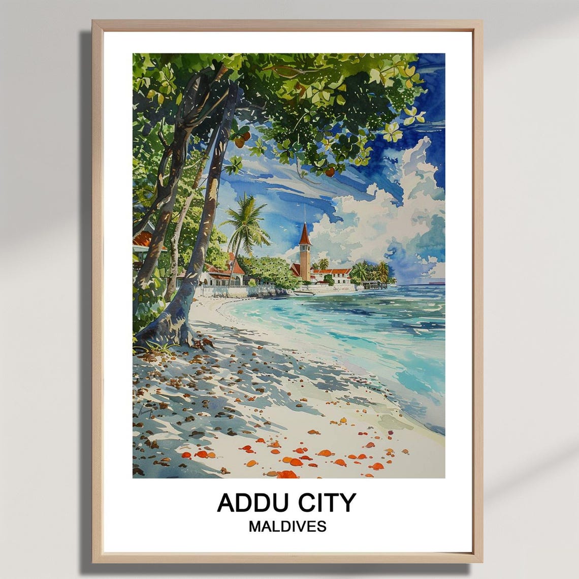 Addu City Maldives Watercolor Travel Poster Sandy Beach Lagoon Scene