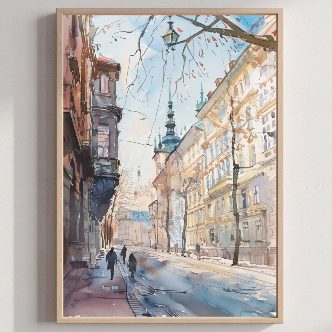 Historic Old Town Winter Street Church Spire Watercolor City Poster