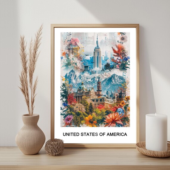 United States Of America Landmarks Collage Watercolor Travel Poster