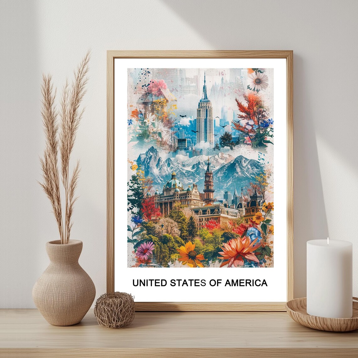 United States Of America Landmarks Collage Watercolor Travel Poster