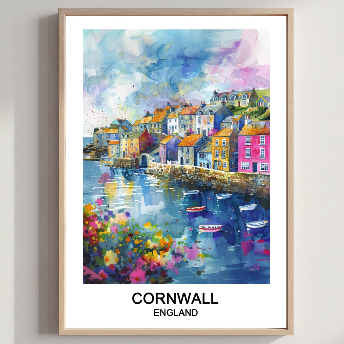 Cornwall England Colorful Harbor Boats Watercolor Travel Poster