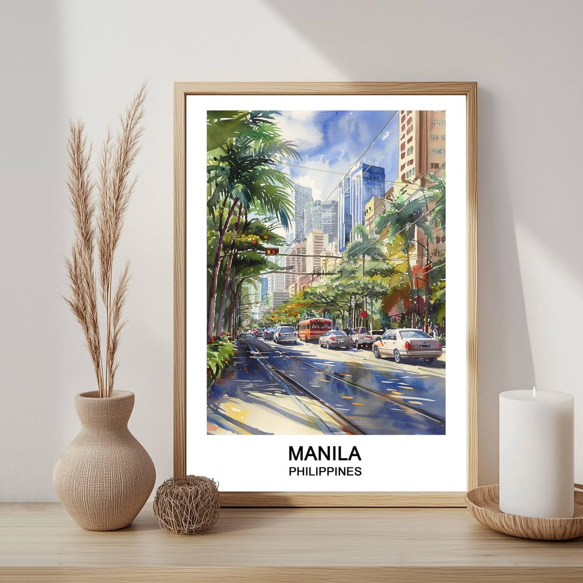 Manila Philippines Watercolor Palm Avenue Cityscape Travel Poster