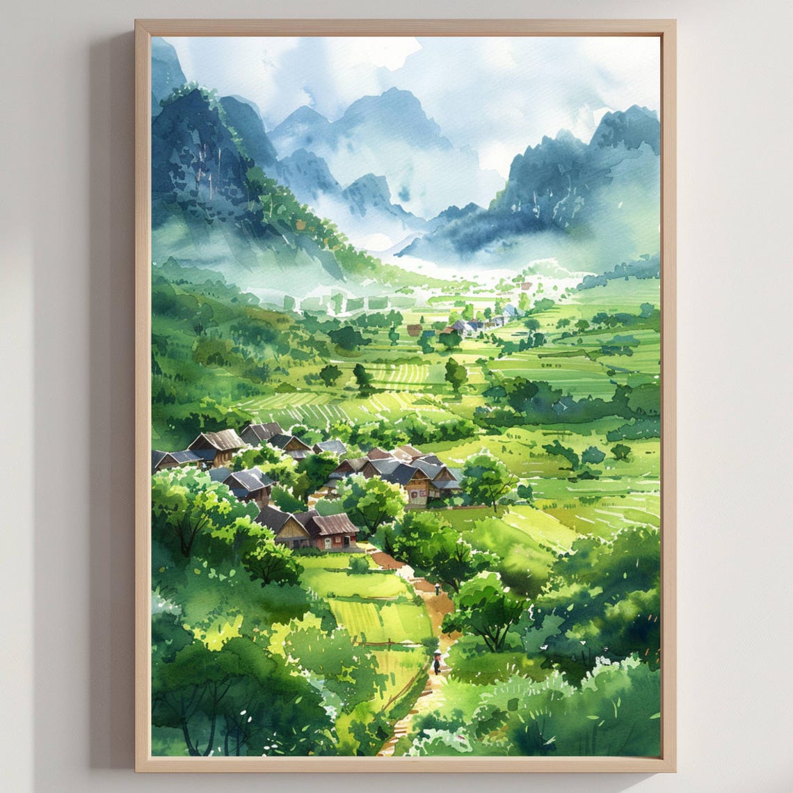 Vietnam Green Valley Rice Fields Misty Mountain Watercolor Poster